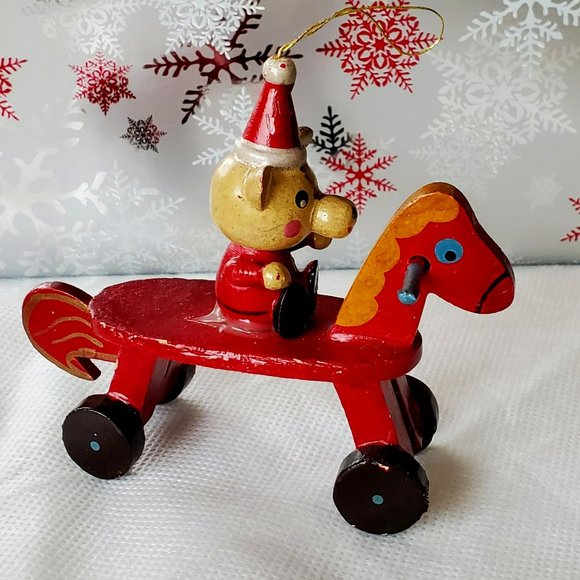Vintage Wooden Bear Riding a Red Wooden Rolling Horse Toy Christmas Ornament - Picture 4 of 12
